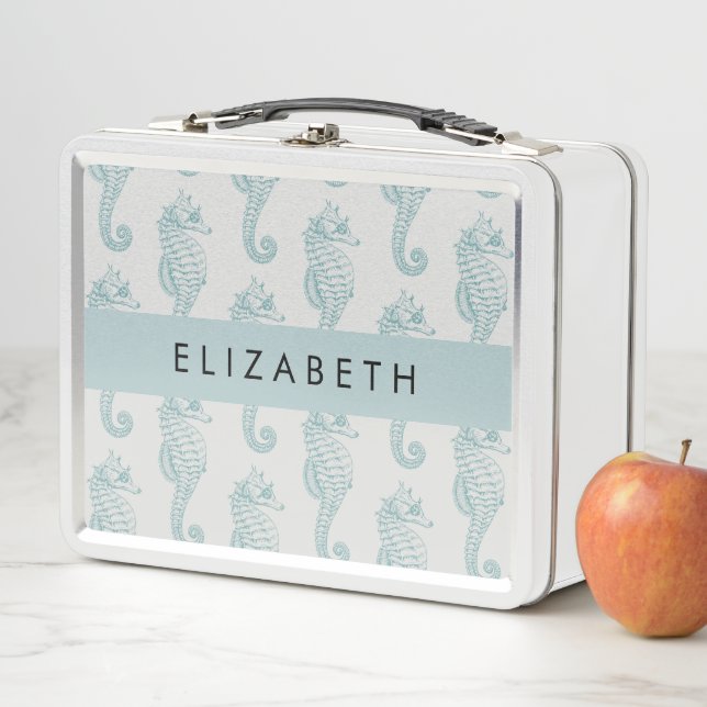 Tropical Seahorses, Seahorse Pattern, Your Name Metal Lunch Box (In Situ)
