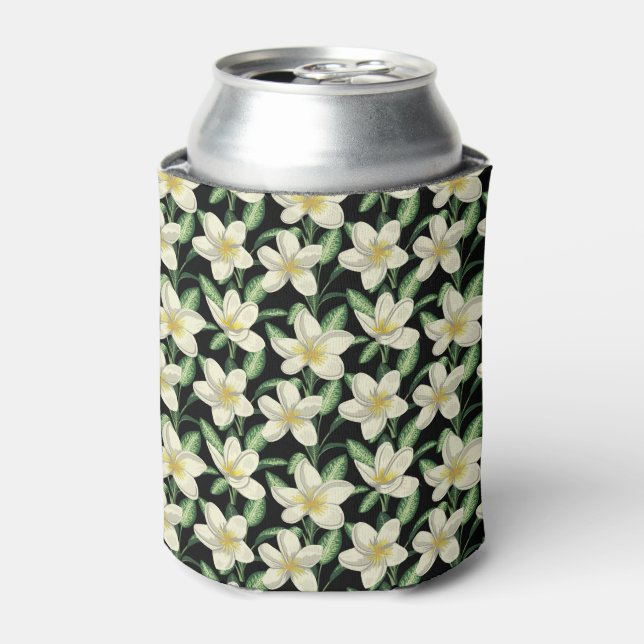Tropical seamless pattern white flowers green leaf can cooler (Can Front)