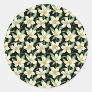Tropical seamless pattern white flowers green leaf classic round sticker