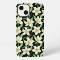 Tropical seamless pattern white flowers green leaf