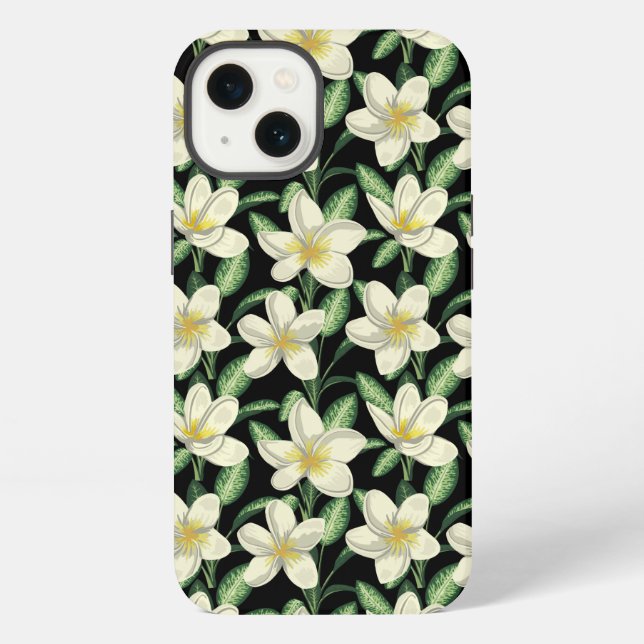 Tropical seamless pattern white flowers green leaf iPhone case (Back)
