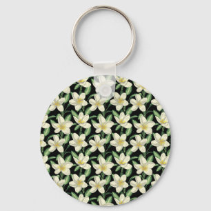Tropical seamless pattern white flowers green leaf key ring