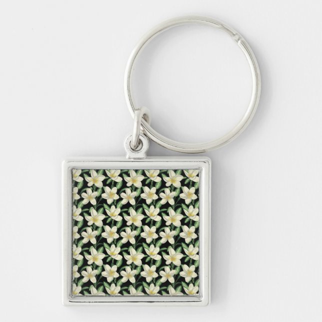 Tropical seamless pattern white flowers green leaf key ring (Front)