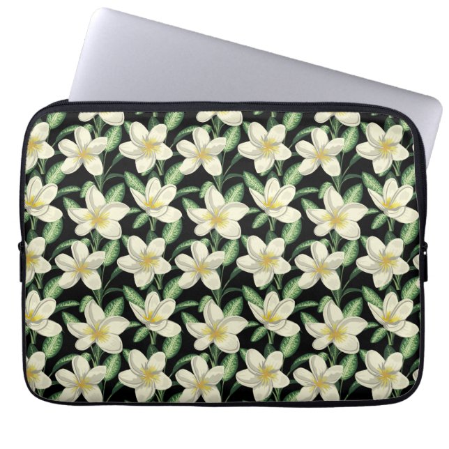 Tropical seamless pattern white flowers green leaf laptop sleeve (Front)