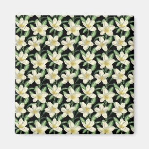Tropical seamless pattern white flowers green leaf magnet