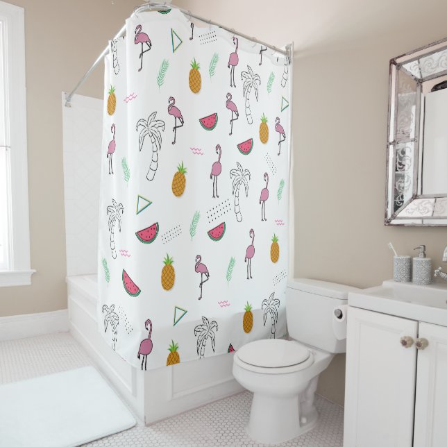 Tropical seamless pattern with Flamingo pineapple Shower Curtain (In Situ)