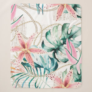 Tropical seamless pattern with orchids leaves and  sherpa blanket