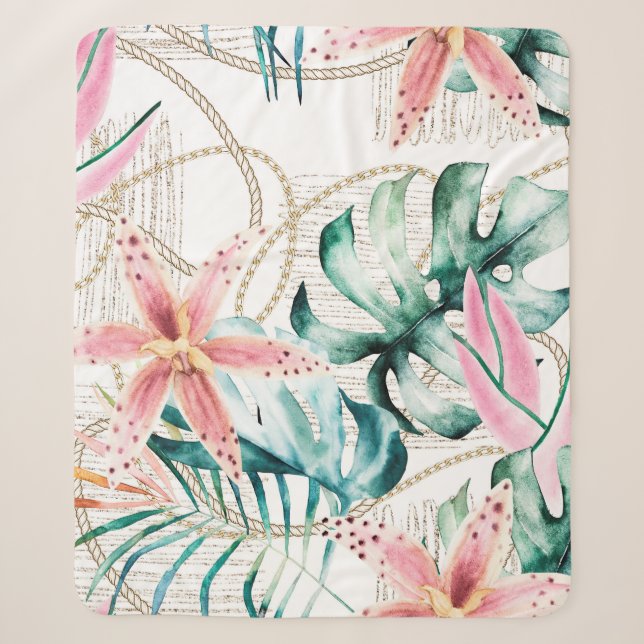 Tropical seamless pattern with orchids leaves and  sherpa blanket (Front)
