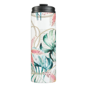 Tropical seamless pattern with orchids leaves and thermal tumbler