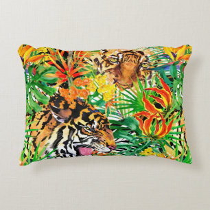 tropical seamless pattern with tiger. watercolor j decorative cushion