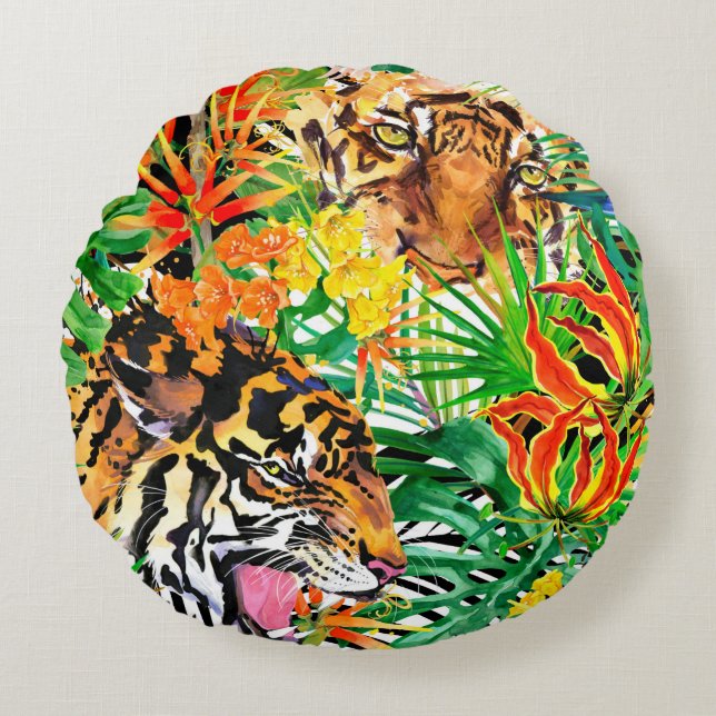 tropical seamless pattern with tiger. watercolor j round cushion (Front)