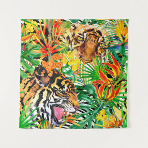 tropical seamless pattern with tiger. watercolor j tapestry