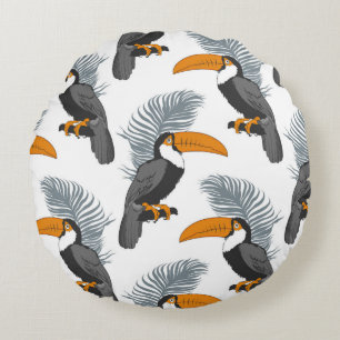 Tropical seamless pattern with toucans and leafs. round cushion