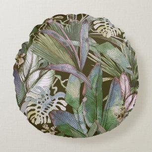 Tropical seamless pattern with tropical flowers, b round cushion