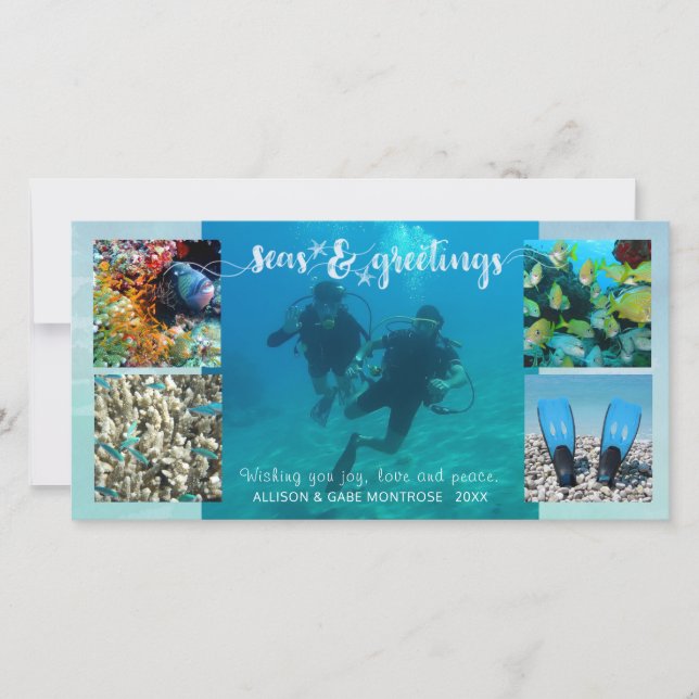 Tropical "Seas AND Greetings" Five Photo Collage Holiday Card (Front)