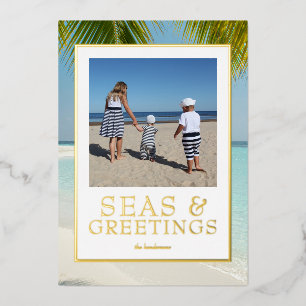 Tropical Seas & Greetings Photo Real Gold Foil Holiday Card