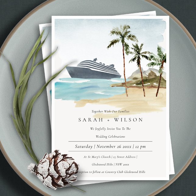 Tropical Seascape Beach Cruise Palm Wedding Invite (Creator Uploaded)