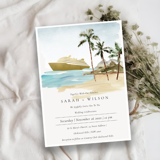 Tropical Seascape Beach Cruise Palm Wedding Invite (Creator Uploaded)