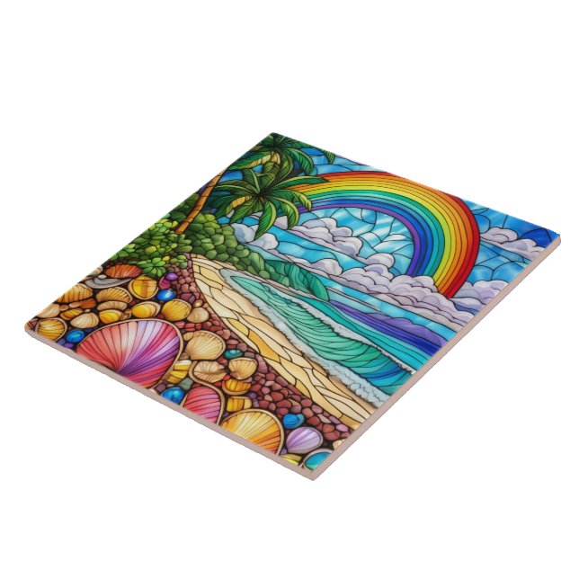 Tropical seashell beach stained glass art tile (Side)