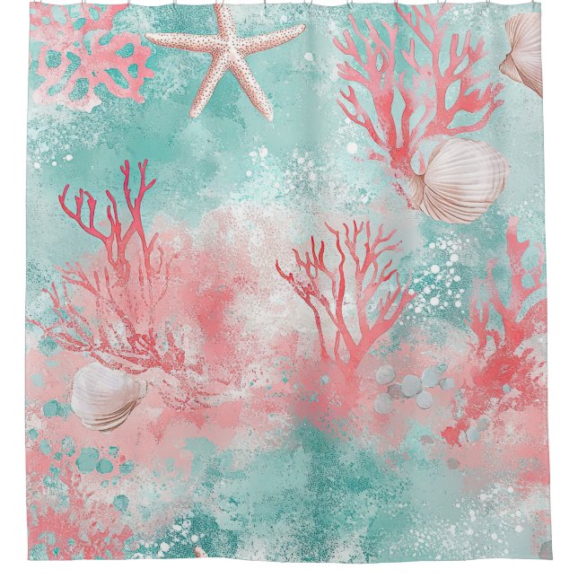 Tropical Seashell Coral Pattern Shower Curtain (Front)