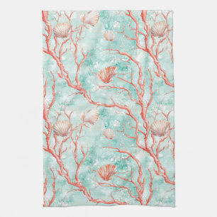 Tropical Seashell Coral Pattern Tea Towel
