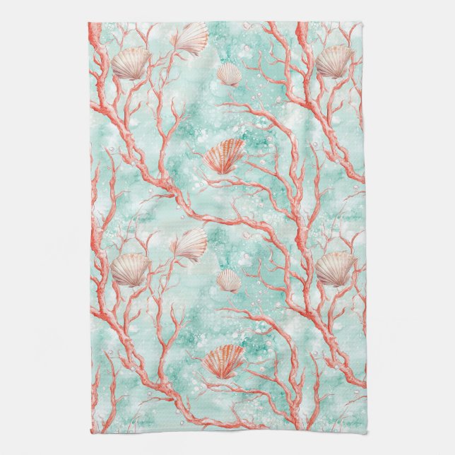 Tropical Seashell Coral Pattern Tea Towel (Vertical)