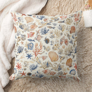 Tropical Seashells & Coral Reef Motif Cushion