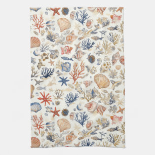 Tropical Seashells & Coral Reef Motif Tea Towel