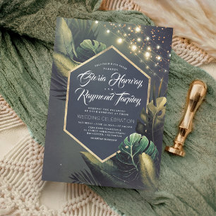 Tropical Seaside Night and Gold Palms Wedding Invitation