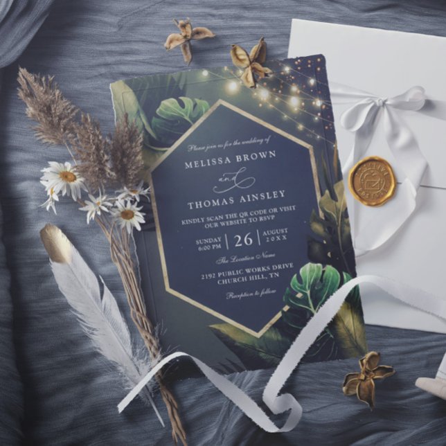Tropical Seaside Night Gold Palms QR Code Wedding Invitation (Creator Uploaded)