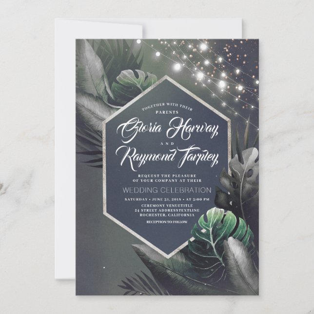 Tropical Seaside Night Silver Palms Wedding Invitation (Front)
