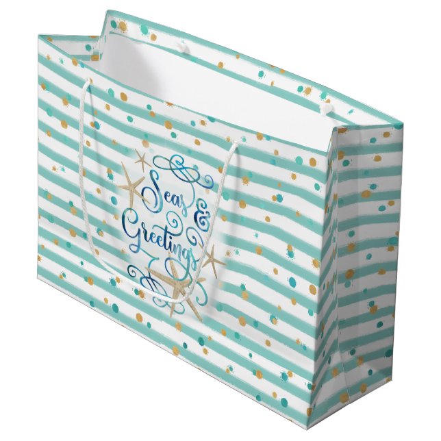 Tropical SEAson’s Greetings, Teal Stripes, Dots Large Gift Bag (Front Angled)