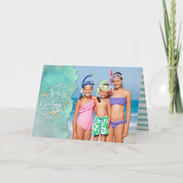Tropical SEAsons Greetings 2 Photos Watercolor Holiday Card (Front)