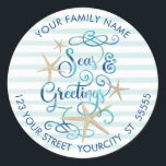 Tropical "SEAsons Greetings" Aqua Stripe Address Classic Round Sticker<br><div class="desc">A tropical twist on "Season's Greetings" with the words "Seas AND Greetings" featuring a tropical or beach look and feel to your Christmas holiday mail. The modern, elegant scroll script typography in a gorgeous turquoise ocean watercolor really pops against a light teal striped background and surrounded by starfish. Add your...</div>