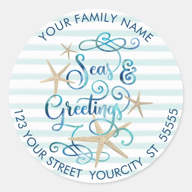 Tropical "SEAsons Greetings" Aqua Stripe Address Classic Round Sticker (Front)