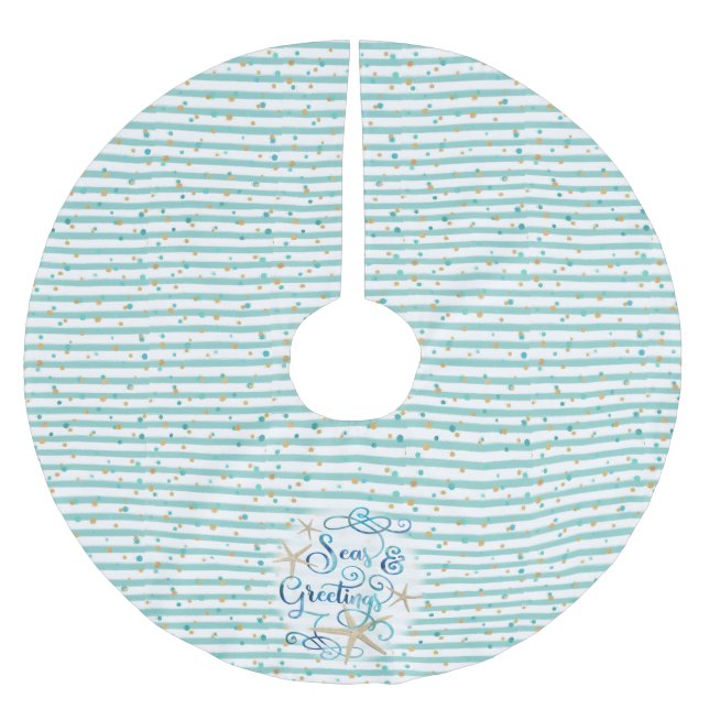 Tropical SEAson's Greetings, Aqua Stripe & Dots Brushed Polyester Tree Skirt (Front)