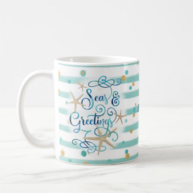 Tropical "SEAson's Greetings, Aqua Stripes & Dots Coffee Mug (Left)