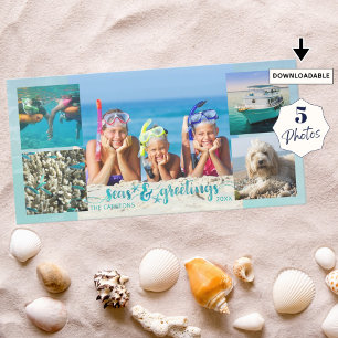 Tropical SEAson's Greetings Brush Script 5 Photos Holiday Card