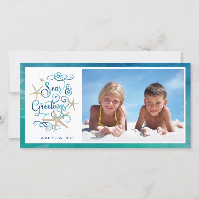 Tropical SEAsons Greetings | Starfish Watercolor Holiday Card (Front)