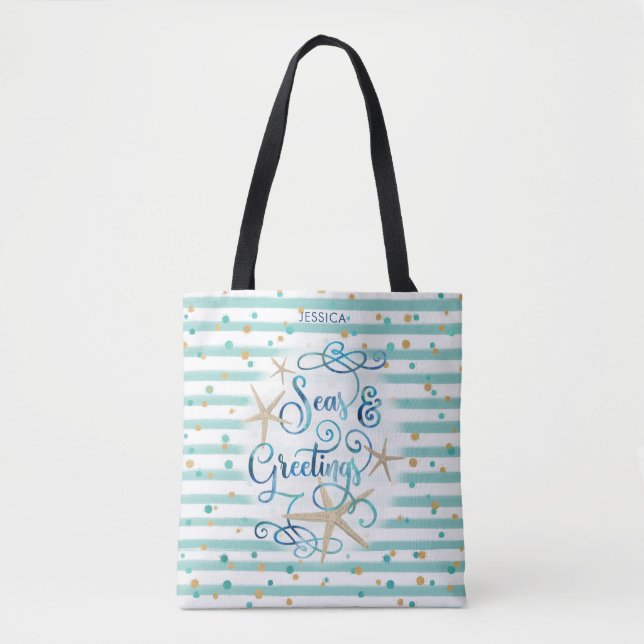 Tropical "SEAson's Greetings" Teal Stripes & Dots Tote Bag (Front)