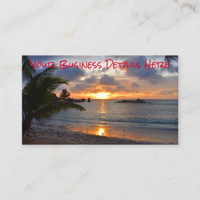 Tropical Seychelles Island Palm Tree Beach Sunset Business Card (Front)