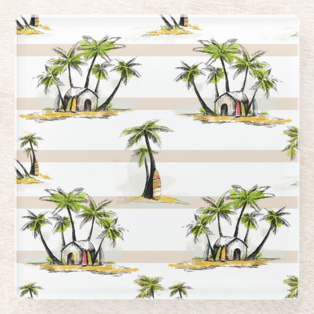 Tropical Shack And Palms Glass Coaster (Front)