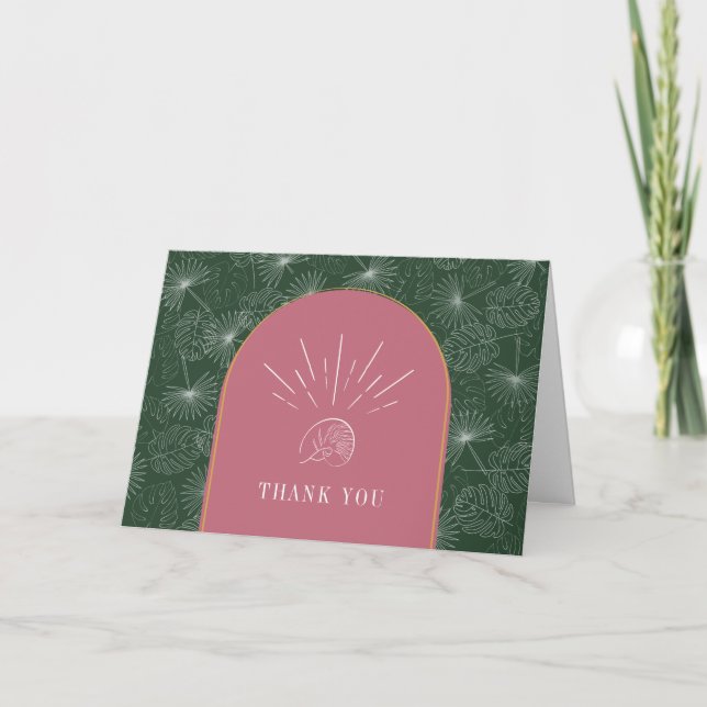 Tropical Shell Arch Pink Green Beach Wedding Thank You Card (Front)