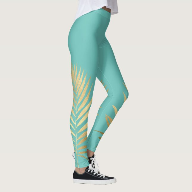 Tropical Shimmer Gold Palm Leaves Soft Aqua Blue Leggings (Right)