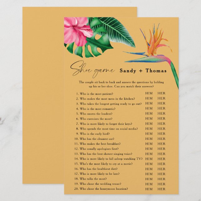 Tropical - Shoe game bridal shower game (Front/Back)