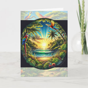 Tropical Shoreline Macaws Palm Trees Exotic Plants Card