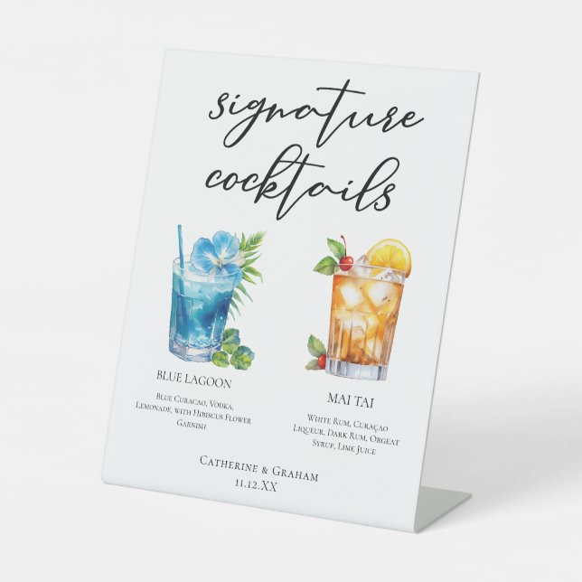 Tropical Signature Cocktails Wedding Menu Pedestal Sign (Front)