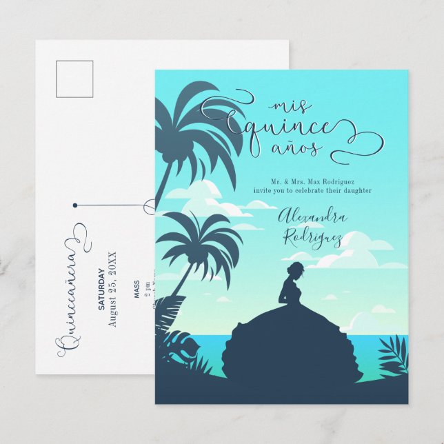 Tropical Silhouette Quinceanera Invitation Postcard (Front/Back)