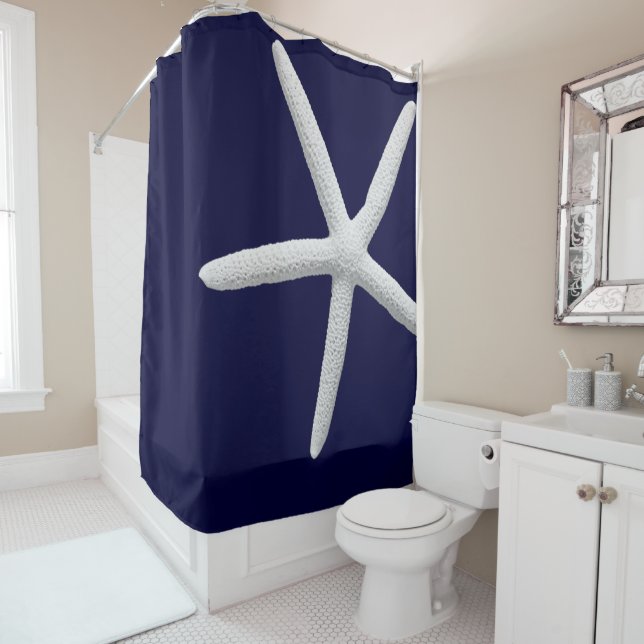 Tropical Single White Starfish on Navy Blue Beach Shower Curtain (In Situ)