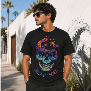 Tropical Skull Watercolor Palm Trees Beach Vibes T-Shirt